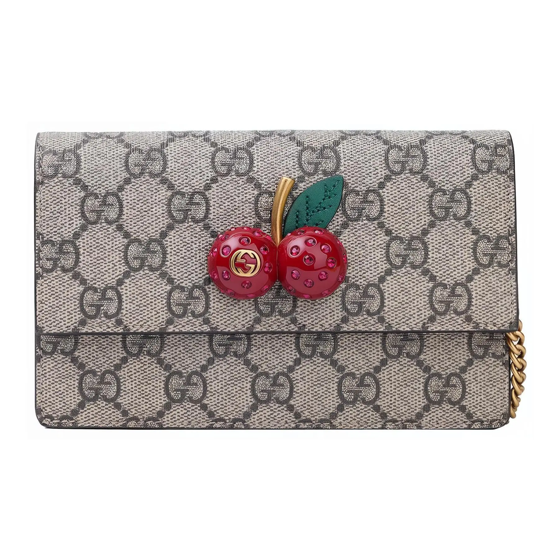 Gucci Cherry-Embellished GG Monogram Canvas and Leather Crossbody Bag for Women, Ebony and Red