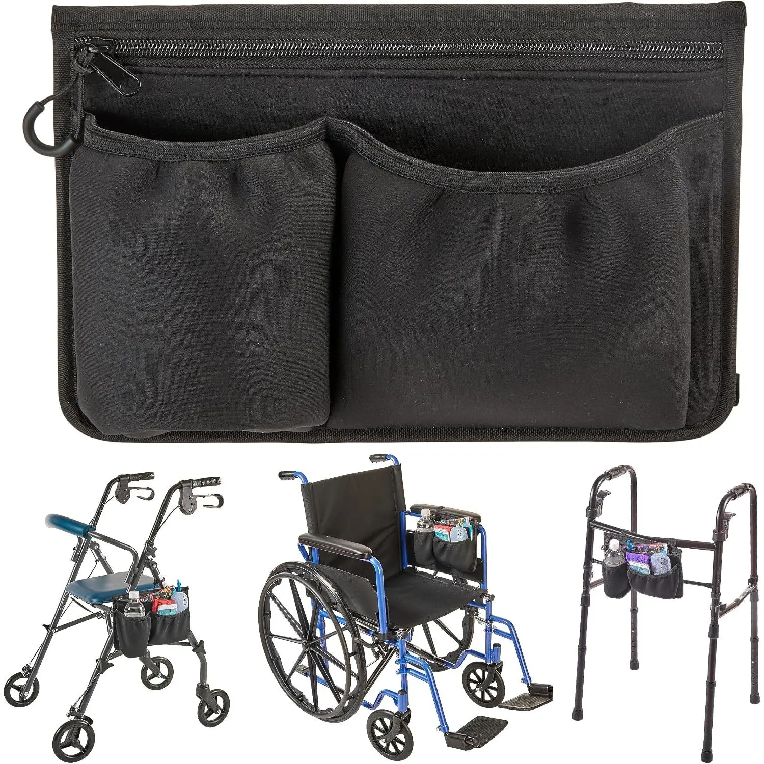 Side Bag and Walker Bag with Insulating Cup and Bottle Pocket | Stretch Neoprene Bag for , Walker or Rollator -  Armrest Bag or Walker Pouch with 3 Pocket Storage