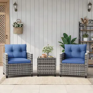 Compact 3-Piece Outdoor Patio Bistro Set - Wicker Rattan Chairs with Cream Cushions and Side Table - All-Weather Conversation Set, Great for Apartment Balcony, Porch & Tiny Backyard