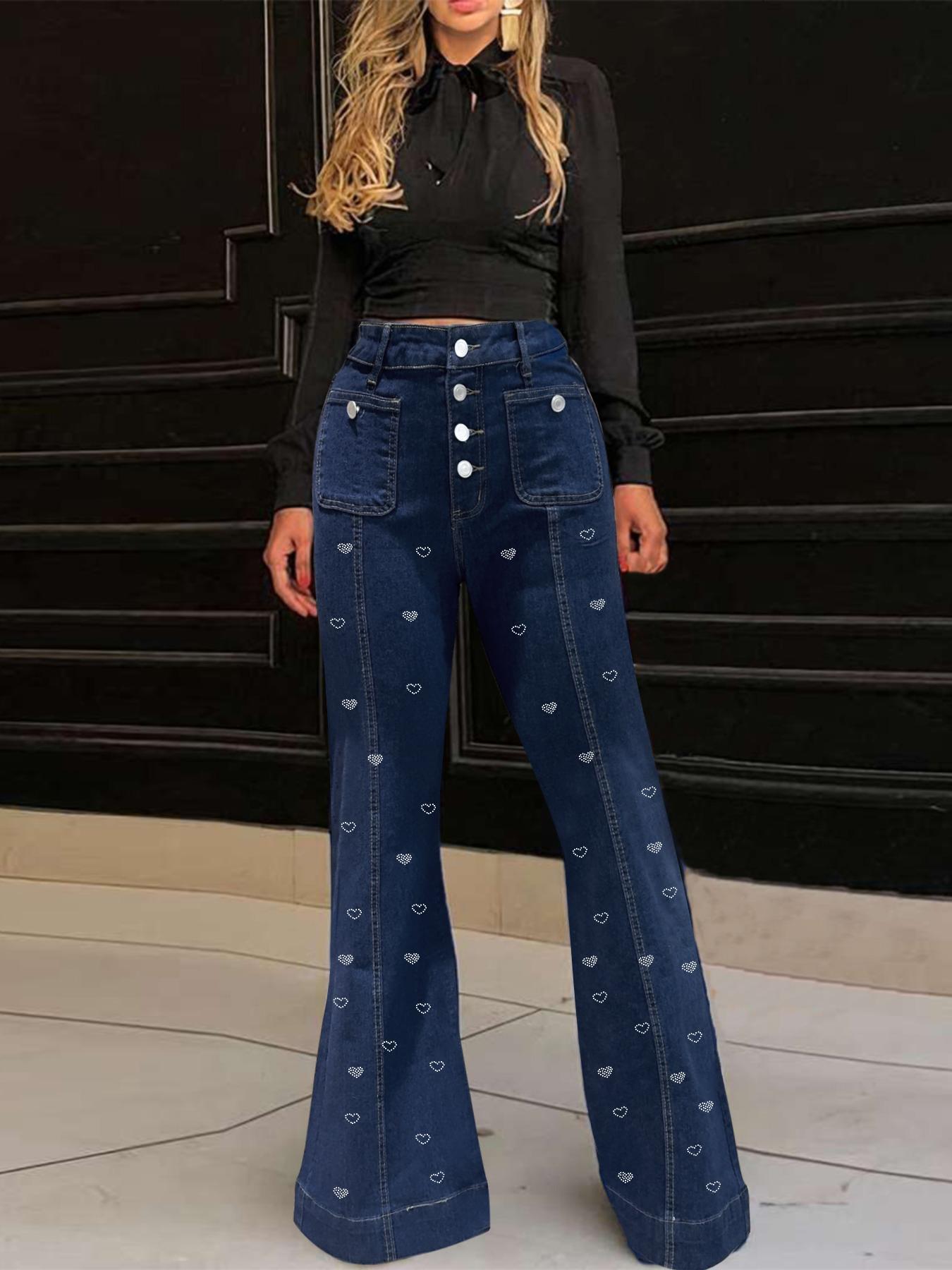 Women's Plain Flare Leg Jeans with Button & Pockets , Casual Bell Bottom Trousers for Daily Wear, Ladies Bottoms for All Seasons