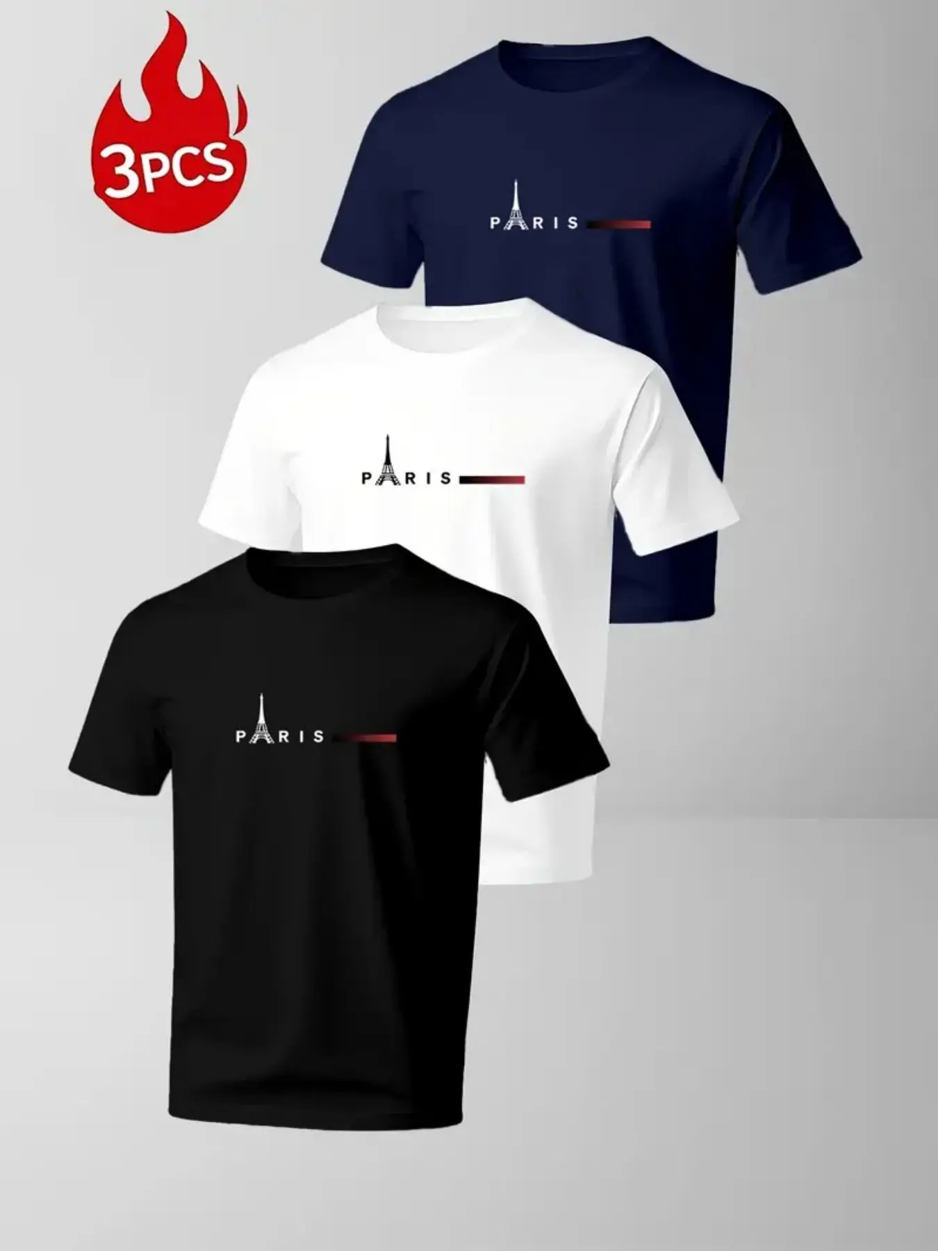 3-Pack Men's Classic Printed T-Shirts, Tops, Fashionable Paris Pattern, Breathable Fabric Short Sleeve Round Neck, Ideal for Summer Outdoor Activities, Casual Wear