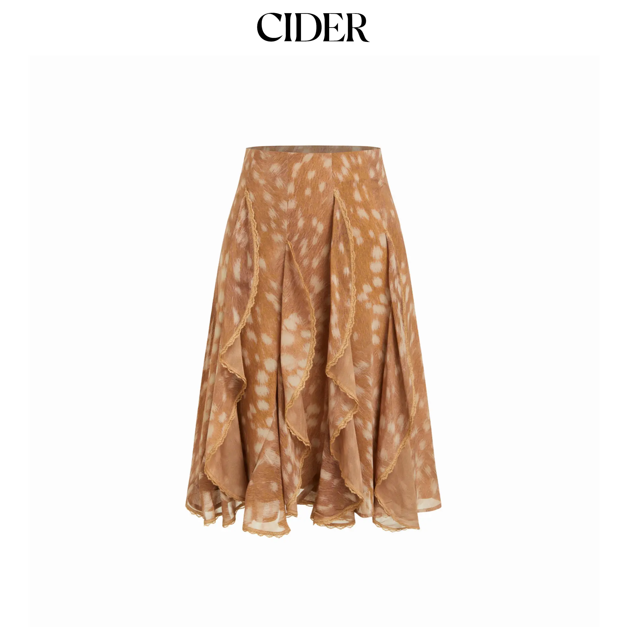 Cider Chiffon Mid Rise Placement Graphic Ruffled A-line Midi Skirt
