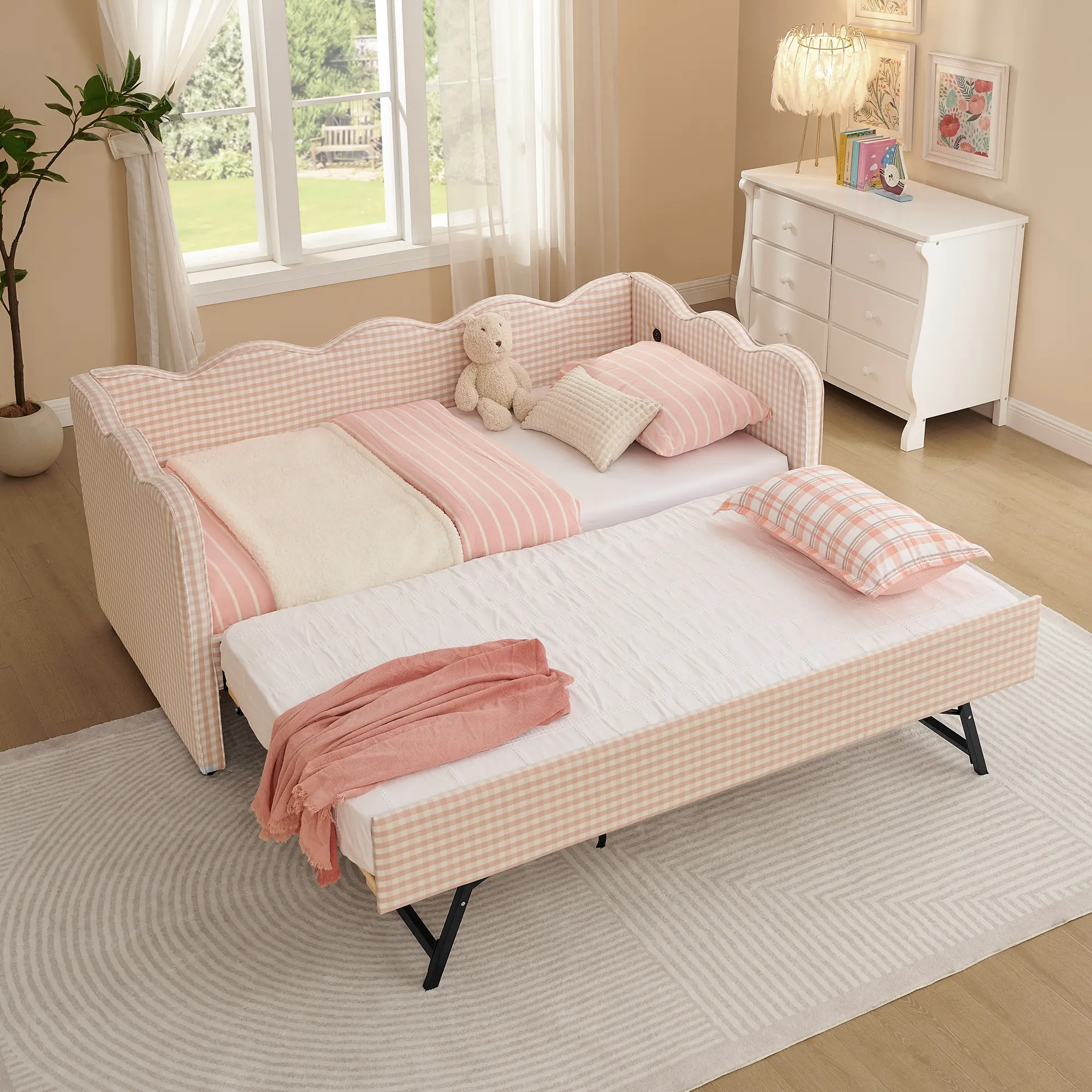 ARCH Cozy Gingham Daybed with Trundle Twin Size Sofa Bed No Box Spring Needed USB Port Wave Shaped Linen Fabric Pink Living Room Guest Bedroom Furniture, Living Room Furniture for Apartment, Lounge, Family Room, Office and Home Seating