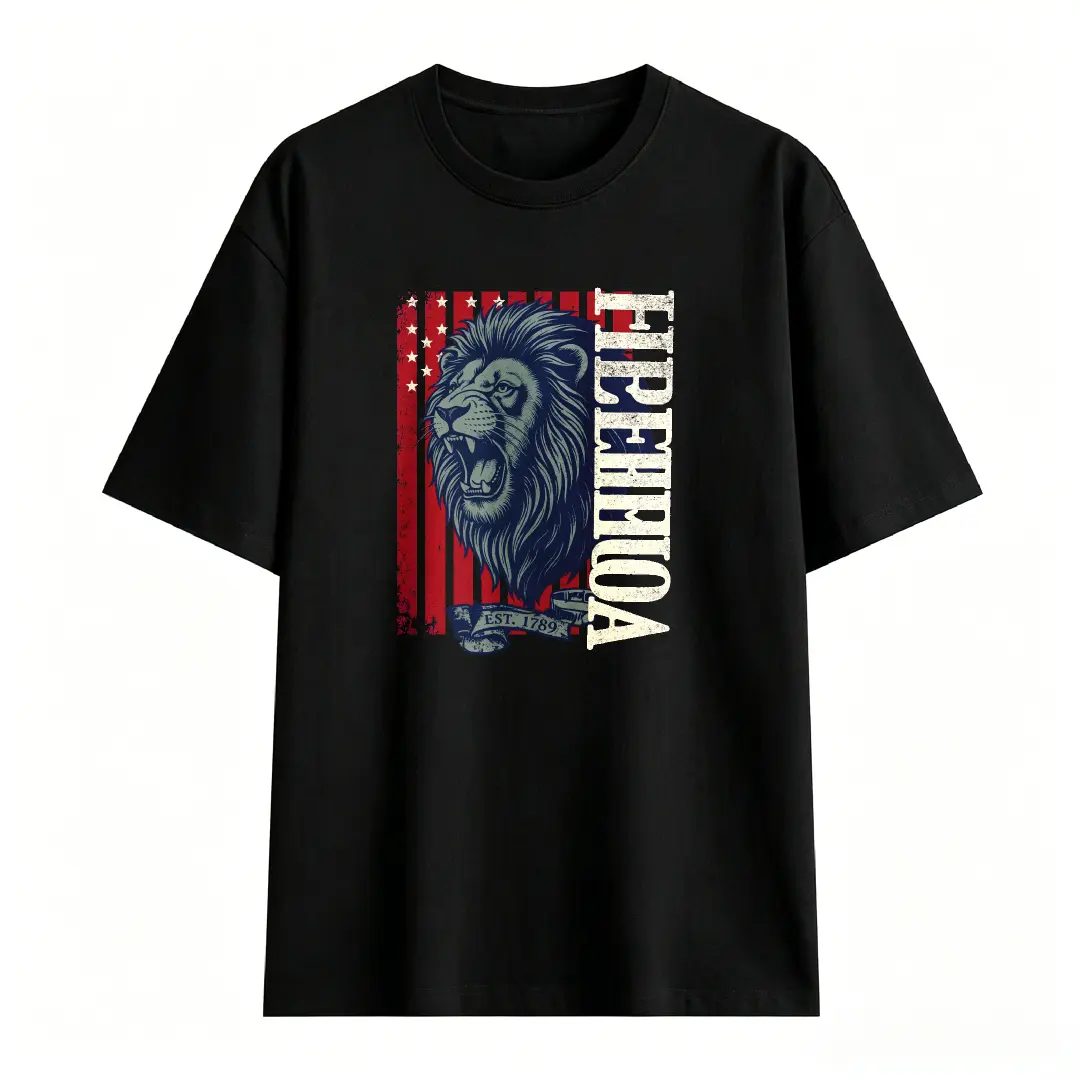 2D Flat, Lion Head With American Flag And America Text Graphic, Black Short Sleeve T-Shirt, Acrylic Pendant, Ornament For Home Decor & Car Hanging, Independence Day Gift For Men # pure cotton t-shirt # bird graphic print t-shirt