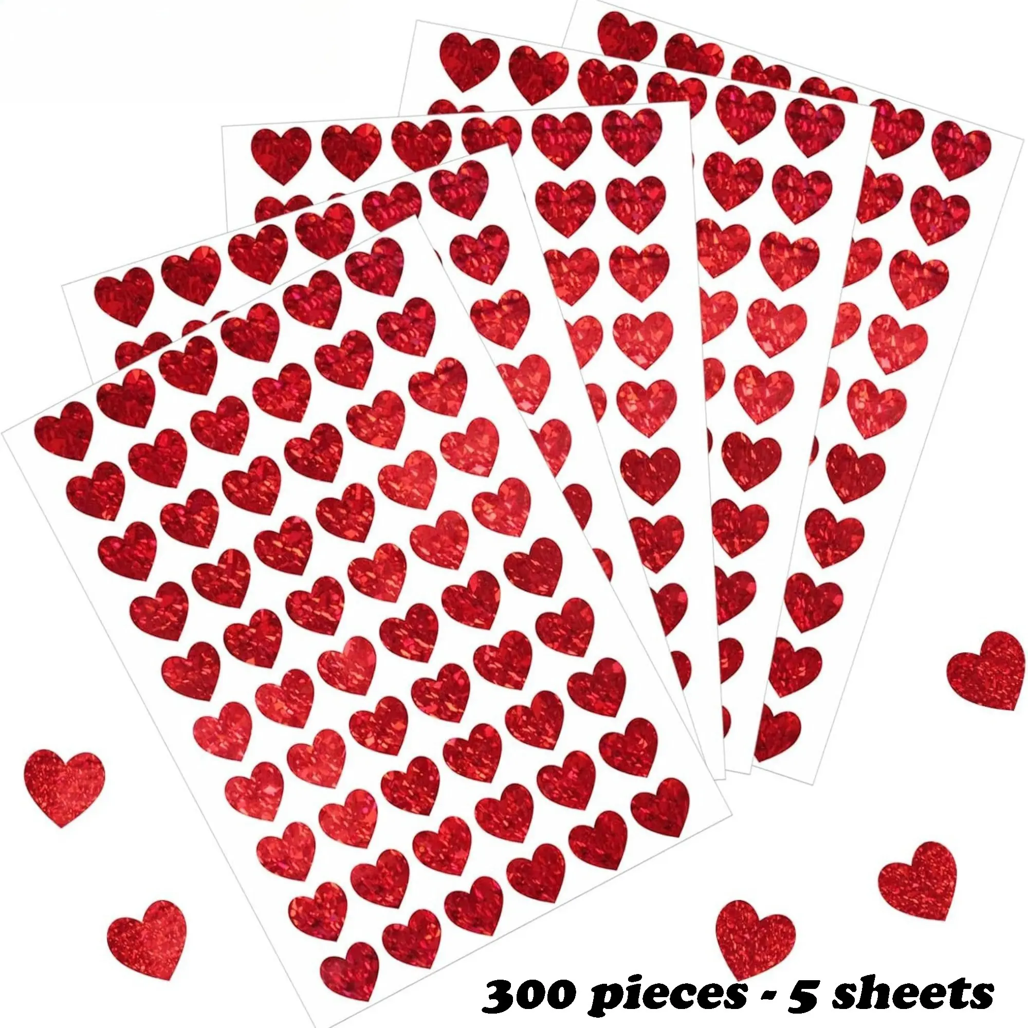 300pcs Holographic Heart Stickers, Self-Adhesive Decorative Stickers for Mother's Day, Gift Bags, Envelopes, Scrapbooking, Inline Skating, Cycling