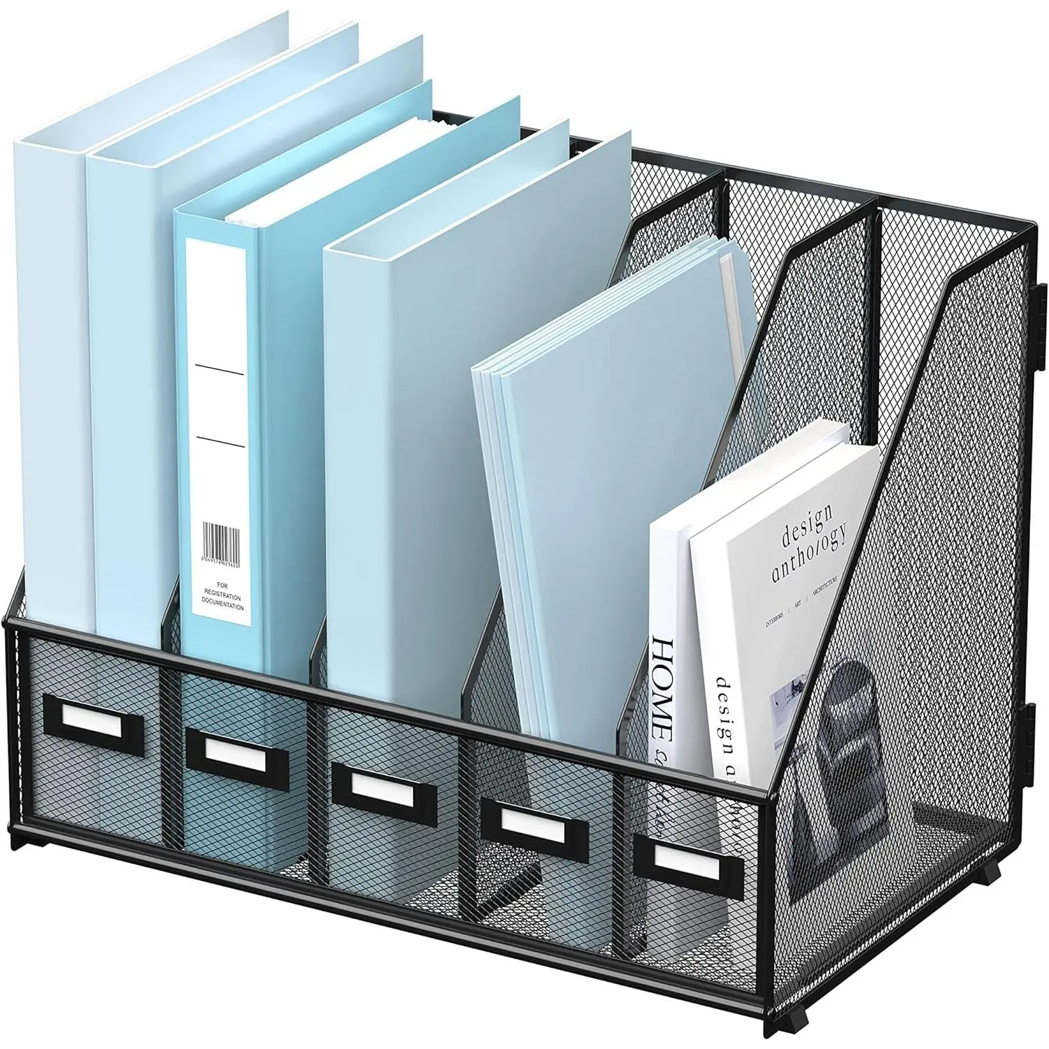 Metal Desk Magazine File Holder - 5 Vertical Compartments (16.3x9.8x12.4"), Minimalist Decluttering File Storage with Label Slots, for Office Desktop, Home Workspace, Five Sections