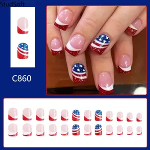 24 Pack Americana Press On Nails Red White Blue Stars Hearts Fake Nails for July 4th Independence Day Long Lasting Summer Salon Manicure
