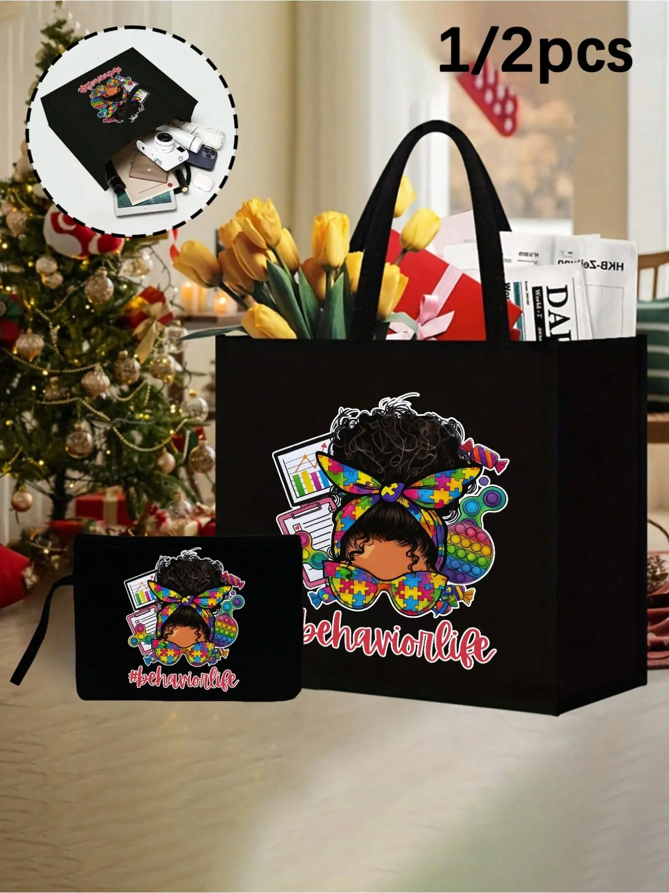Cute Cartoon Characters and Colorful Puzzle Pattern Linen Tote Bag Set, Large Capacity Reusable Shopping Bags, Ideal Gift for Autism Advocates