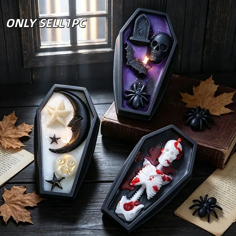 1PC Halloween Coffin Scented Candle, Gothic Soy Wax Candle with Skull, Bat, Spider, Moon, Star & Skeleton Patterns, Desktop Aroma Decor Gift for Halloween Party