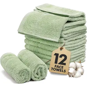 Face Towels Pack of 12 – 100% Cotton Wash Cloths (12x12 inch) – Soft, Quick Dry & Highly Absorbent Hand Towels for Bathroom, Spa, Gym, Kitchen and for Daily Use - (Light Green)(Gift)