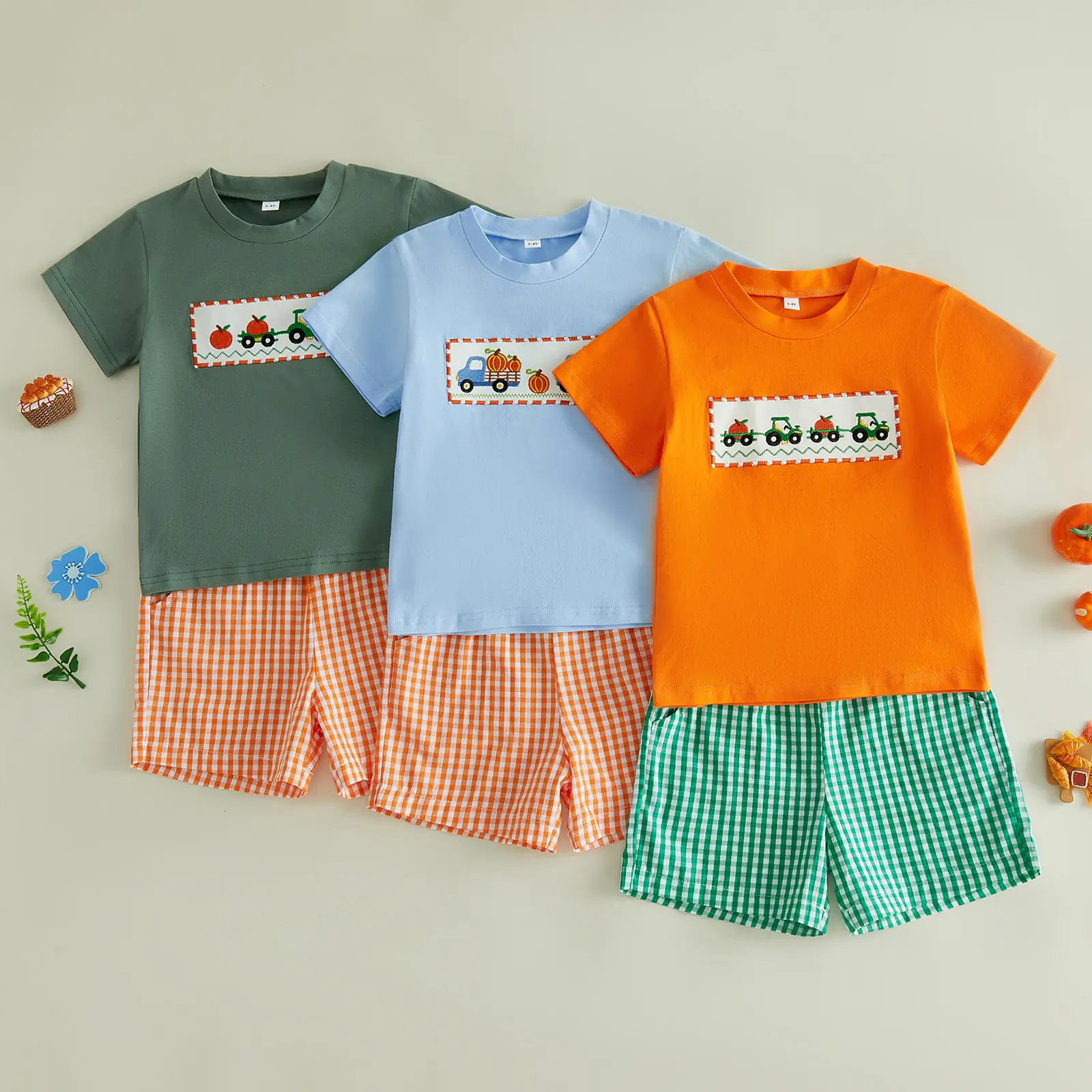 FOCUSNORM Toddler Baby Little Boy Halloween Outfit Short Sleeve Pumpkin Embroidery Tops and Plaid Shorts Sets 1-5 Years