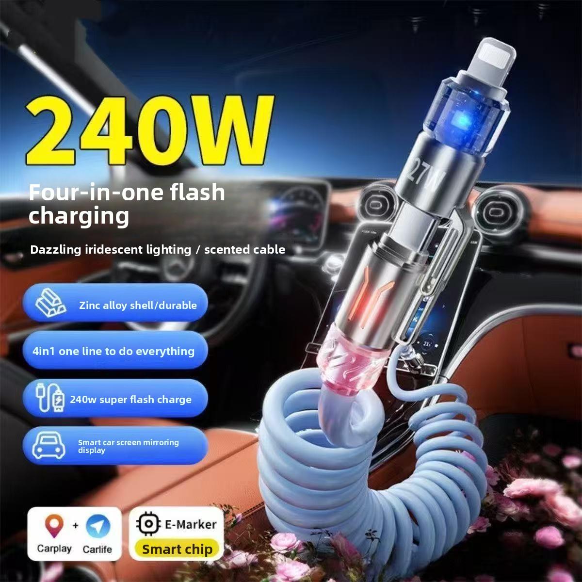 240W Super Fast Charging 4 in 1 Spring Car Charging Cable Compatible with Apple Huawei USB C Lightning USB A Car Data Cable for Phone magnetic mount