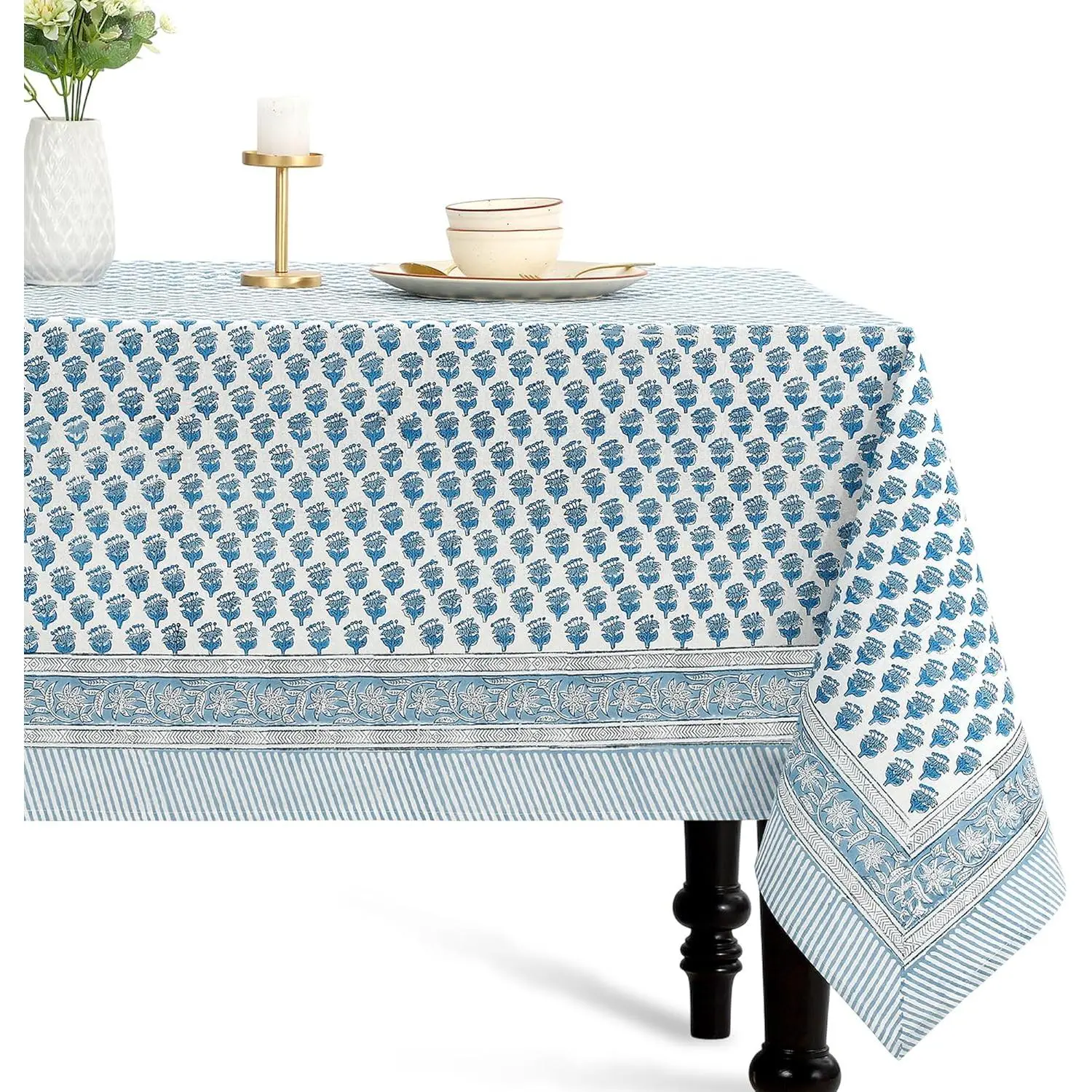 CPC Tablecloth 100% Cotton 60x60 Inch Indian Block Print Square Table Cover, Table Cloth for Weddings, Spring/Summer, Barbeque - Apatite Blue