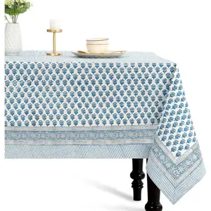 CPC Tablecloth 100% Cotton 60x60 Inch Indian Block Print Square Table Cover, Table Cloth for Weddings, Spring/Summer, Barbeque - Apatite Blue
