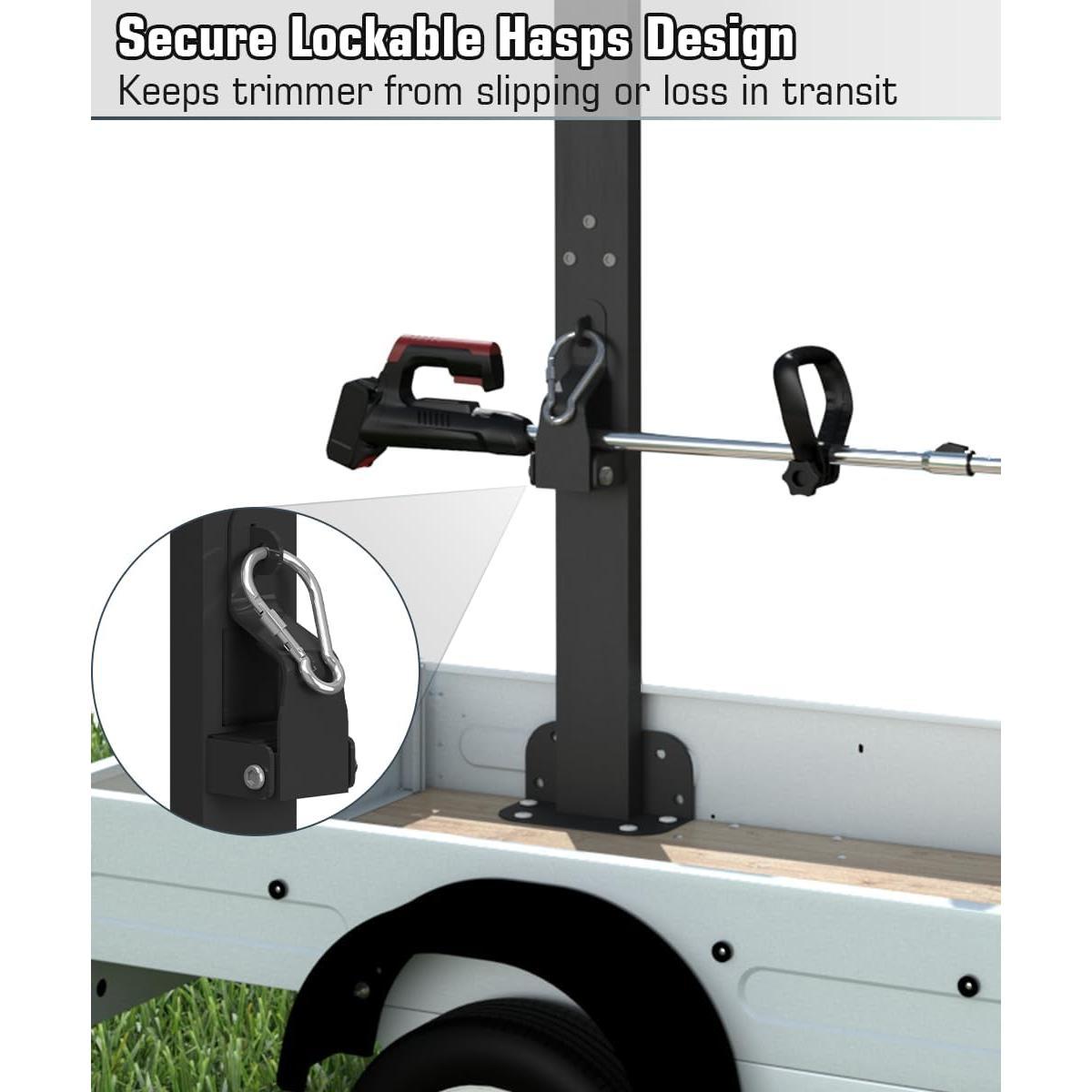 3 Place Weed Eater Rack for Open Trailer, Weedeater Rack with Lockable Hasp Mount on Landscape Trailer , Enclosed Trimmer Rack Carrier with Trim Line Holder for Yard Lawn Tools Equipment