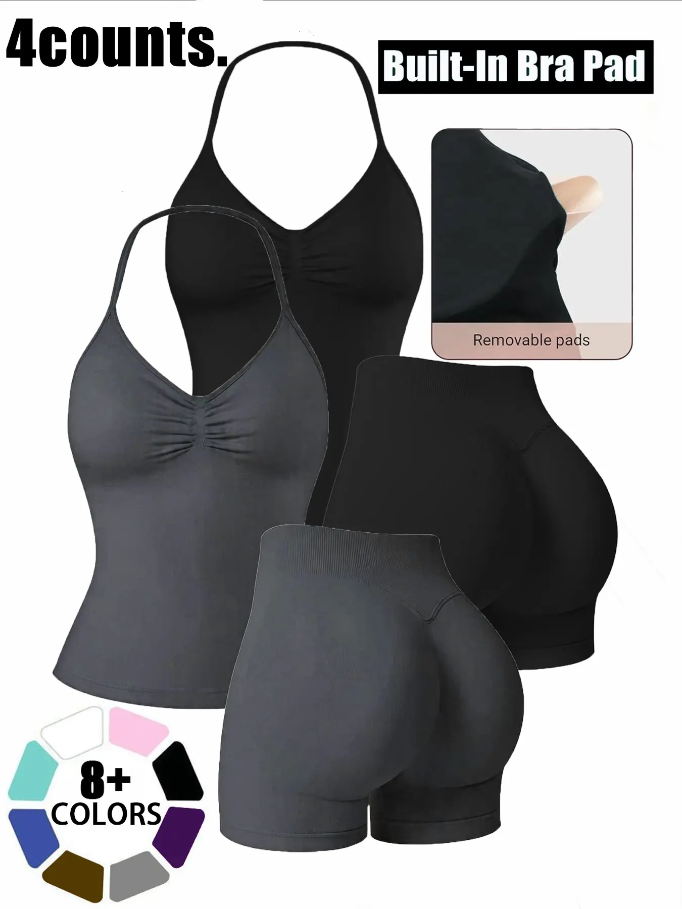 4-Piece Women's Sport Set, Tank Top, Sports Bra, Gym Shorts, Gym Workout Sportswear, Athletic Sportswear, Athletic Clothing Set, Ideal for Fitness, Yoga, Running, Cycling, Boxing, Bowling, Tennis, High Stretch Activewear