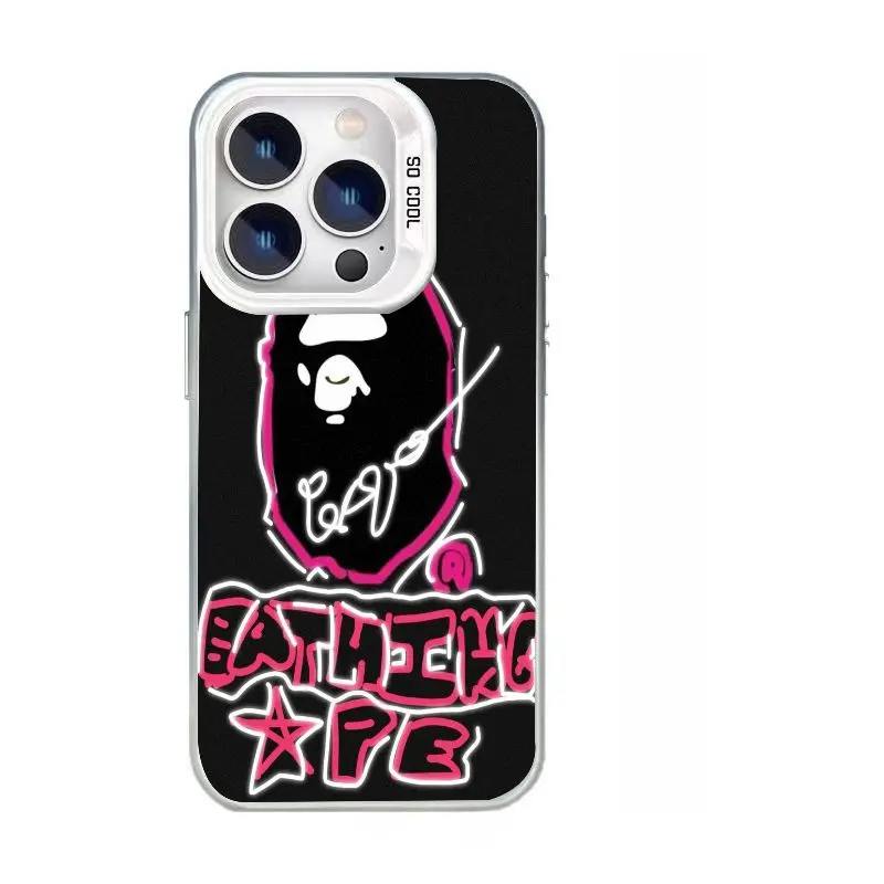 Minimalist BAPE Ape Motif Iridescent Silver Phone Case, Anti-Drop Full-Coverage Premium Protective Case for iPhone 12-17, Ideal for Gifting, Iphone 17