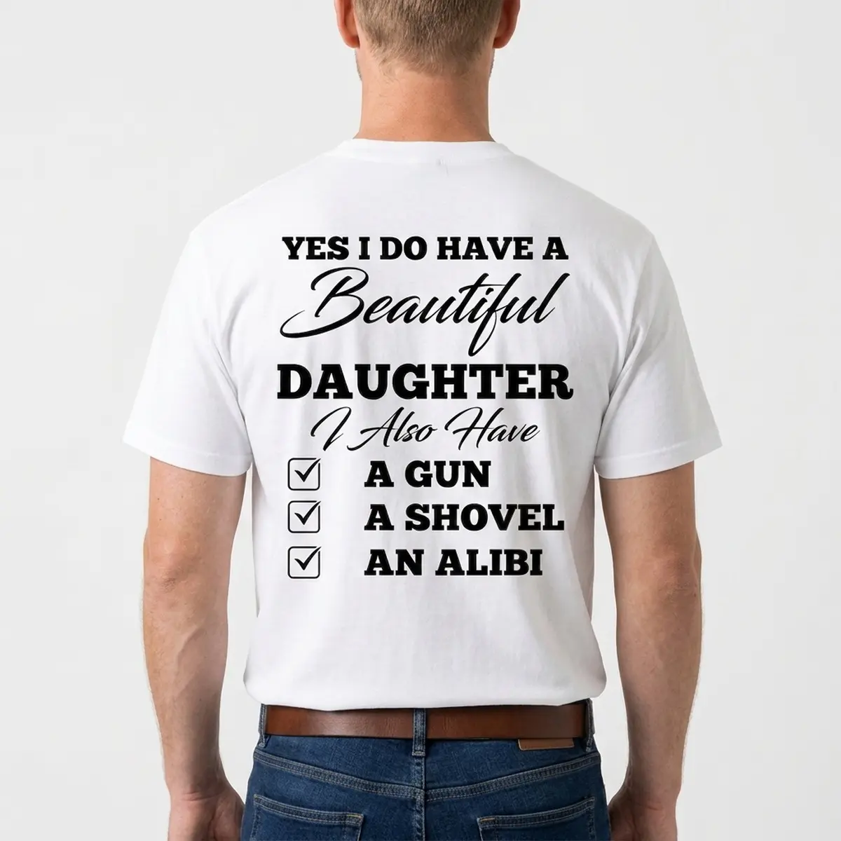 Men's Short-Sleeve Round Neck Sports T-Shirt, Casual Streetwear Top with Funny "Beautiful Daughter, Gun & Shovel" Slogan Print, Shortsleeve Athletic Top for Sports & Outdoor Activities, Tshirt, Printed Text
