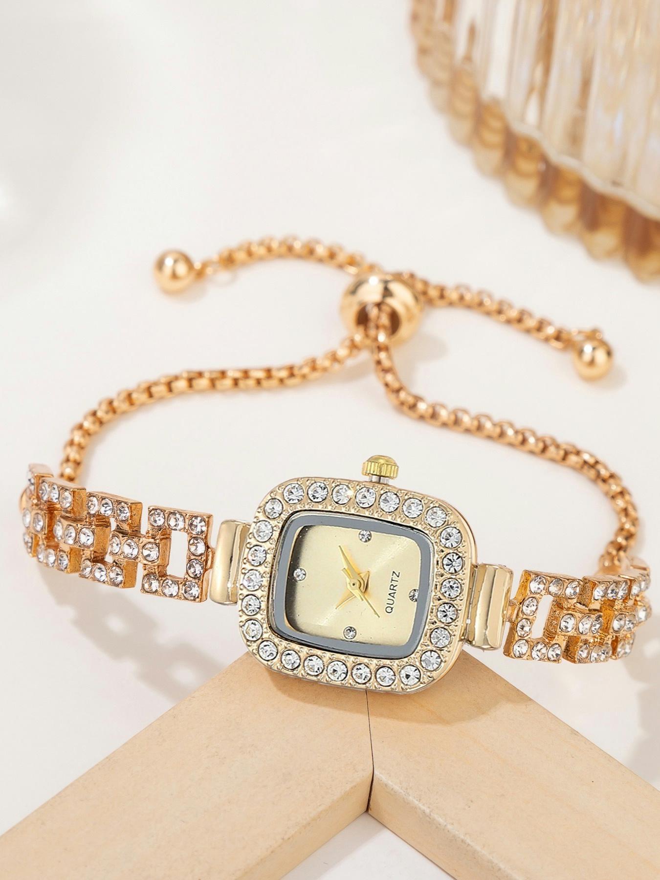 Women's Square Rhinestone Decor Watch, Hip-Hop Style Quartz Wristwatch with Adjustable Strap, Elegant Square Dial Stylish Watch for All Seasons, Rhinestone Watches