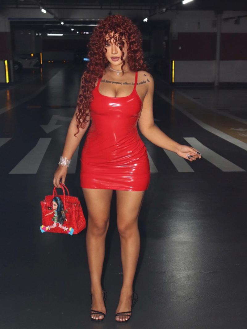 Women's Solid Color Pu Leather Sexy Sleeveless Cami Dress, Fashionable Glossy Spaghetti Strap Short Dress, Elegant Fitted Dresses for Party Club Dating Wear, Women Dress for Spring Fall, Womenswear, Party Dresses