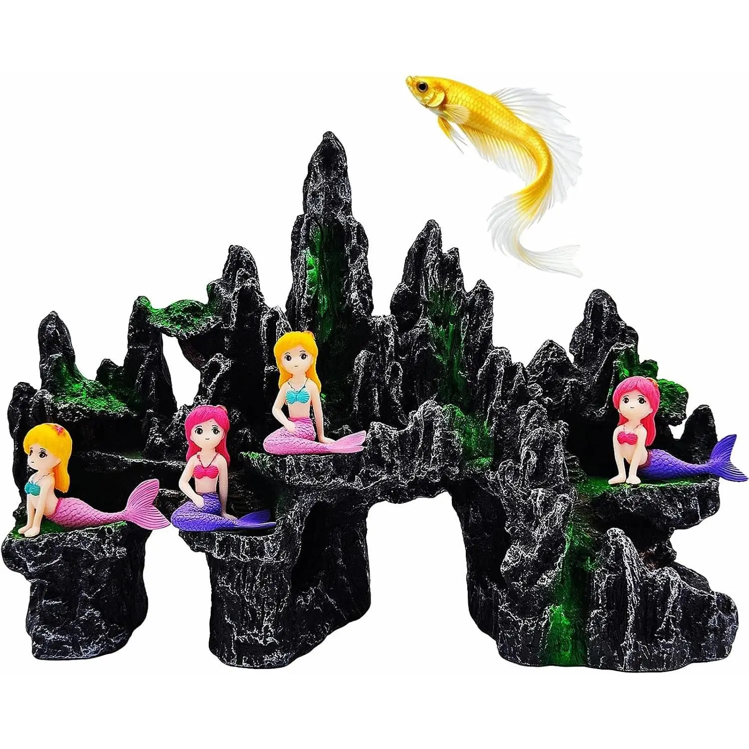 Large Fish Tank Thematic Decor - Multiple Pieces Aquarium Ornaments, Betta Fish Hiding Cave, Mermaid Set Accessories for Home Supplies