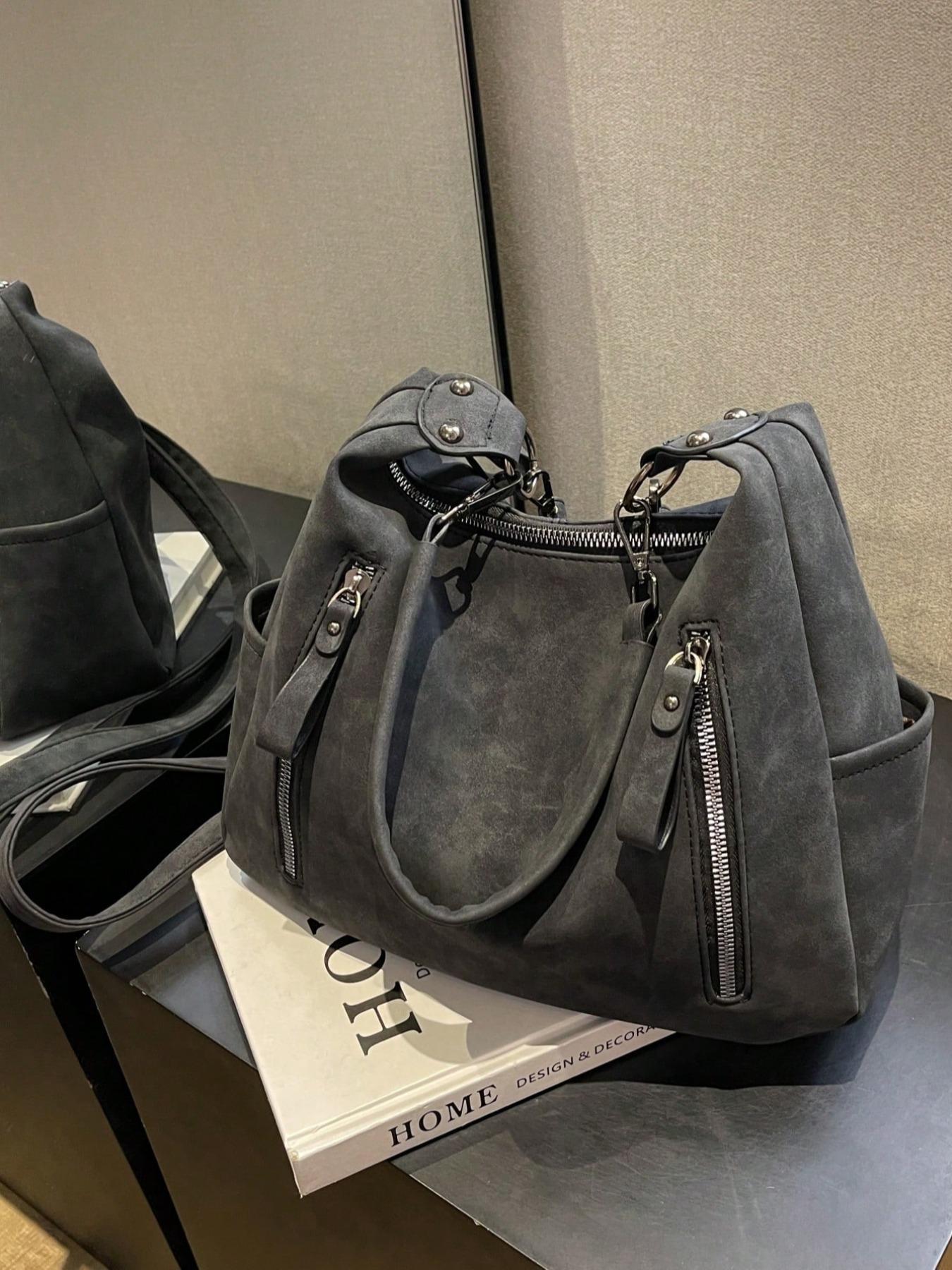 PU Hobo Shoulder Bag, Large-Capacity Solid Color Zipper Bag for College Students and Office Workers, Fall & Winter Fashion Studded Crossbody Bag for School, Work and Daily Commute, Crossbody Purse