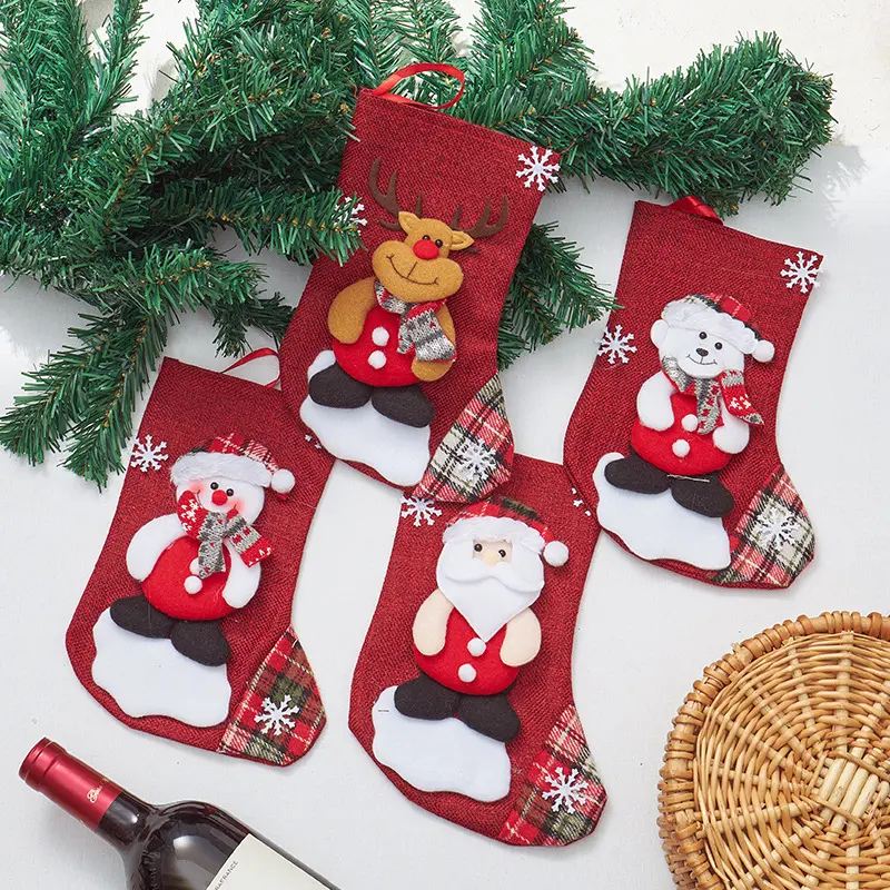 New Christmas small-sized burlap white Christmas stockings, holiday Christmas tree decoration pendants, candy gift stockings wholesale