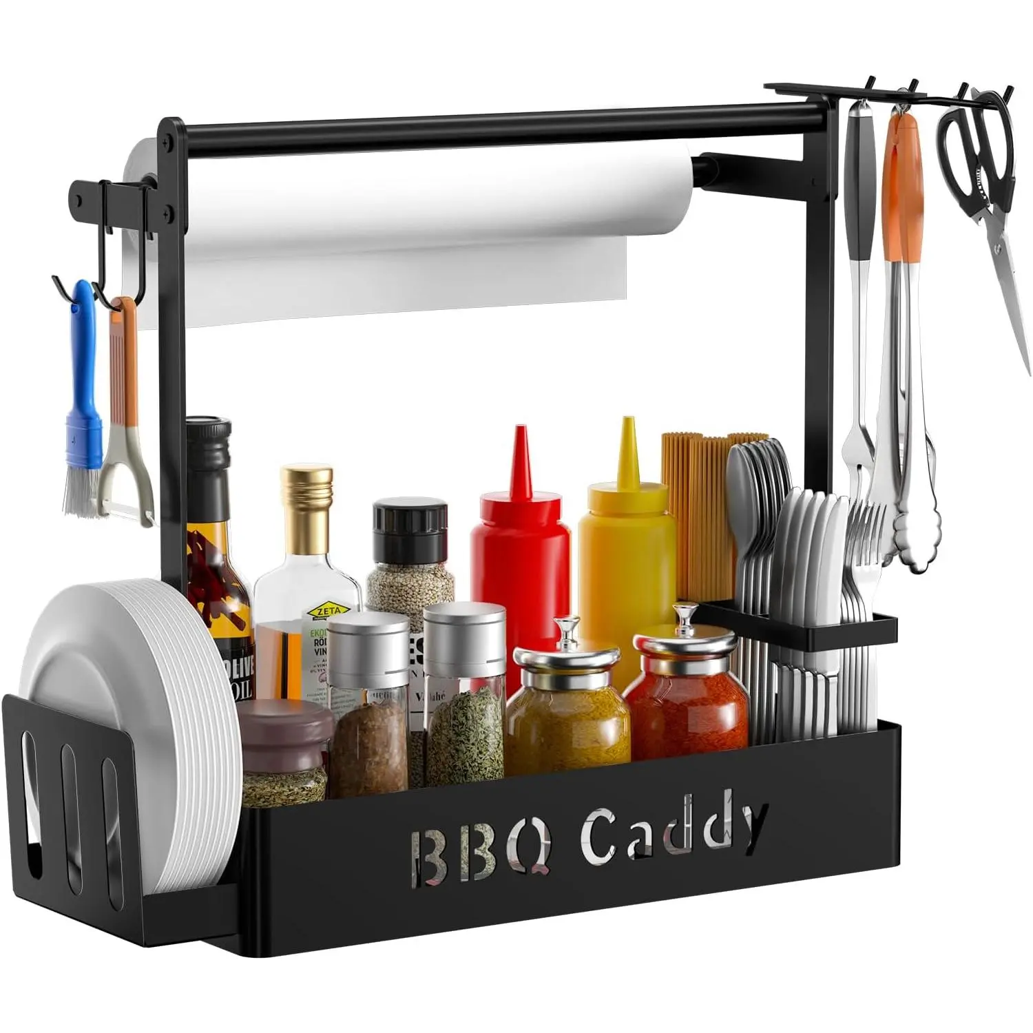 Grill Caddy with Paper Towel Holder and 4 Hooks for Plate Cutlery Flatware Picnic Condiment, BBQ Utensil Caddy Outdoor Barbecue Accessories Organizer