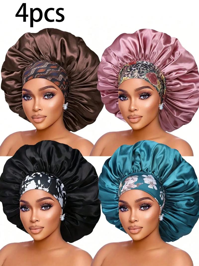 Women's Plain Color Bonnet (4pcs), Casual Fashion Ditsy Floral Print Wide Band Bonnet, Soft Comfortable Sleeping Bonnet for Women & Girls, Bonnets for sleeping