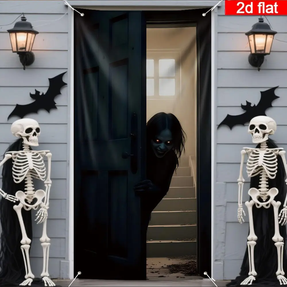 Halloween Door Cover, 2D Canvas Horror Half Open Door, Long Hair, Glowing Staircase, 35.4x70.8 Inches, Halloween Decorations, Party Decor