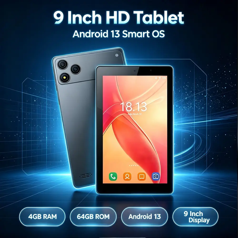 9-inch Android tablet with Android 13 system supporting WIFI, Bluetooth function, 4GB RAM, 64GB ROM, dual cameras, high aesthetic appearance
