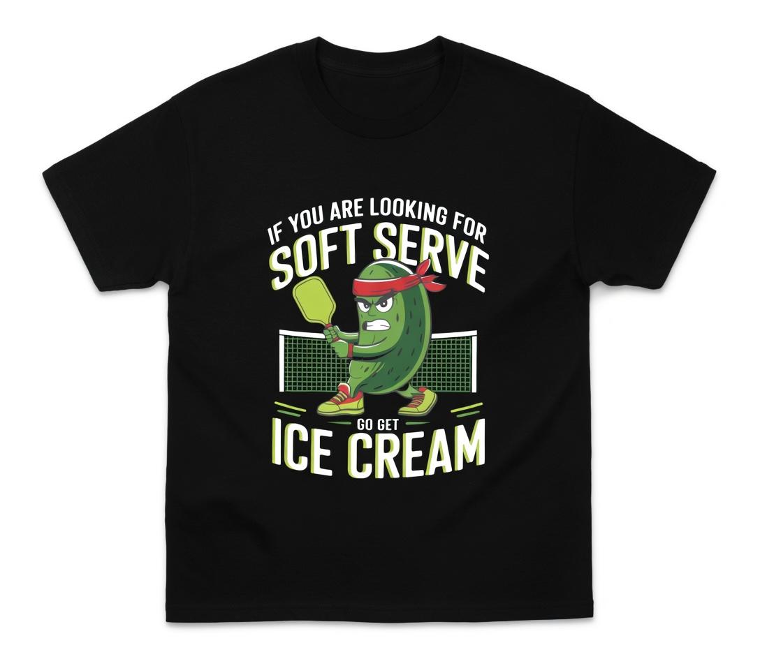 Soft Serve Pickleball Joke T-Shirt Funny Pickleball Ice Cream Graphic Tee Cute Pickle With Paddle Shirt Fun Sports Fan Gift Pickleball Humor Apparel