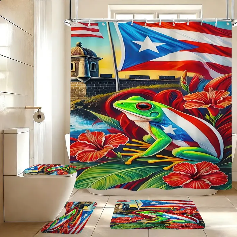 Puerto Rican Theme Cartoon Tree Frog Shower Curtain Set, Polyester Fabric, Fog-Resistant, Modern Home Decor, Includes Bathroom Mats