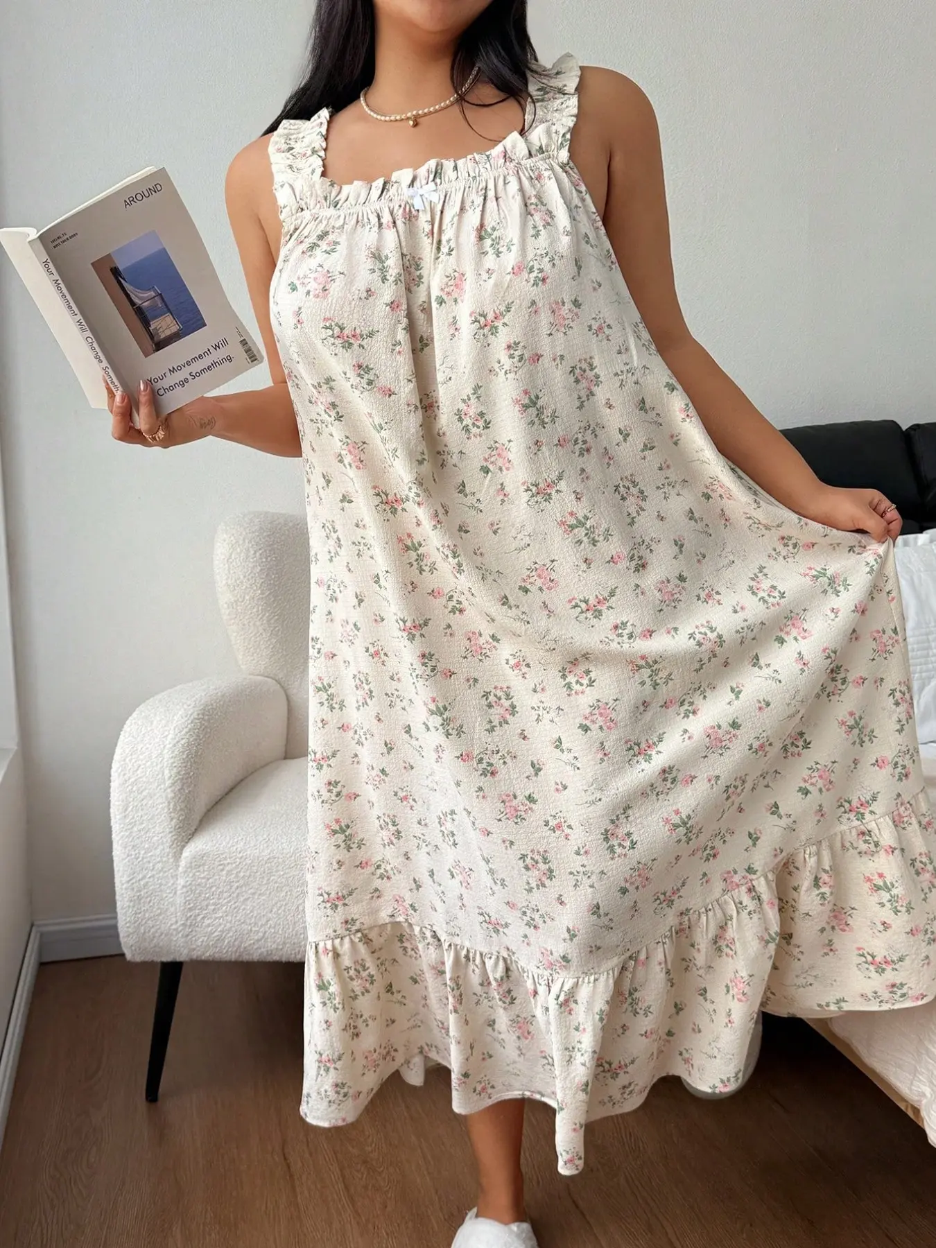American Vintage Boho Ditsy Floral Night Dress, Nightgown, Frilled Spaghetti Strap, Loose Fit, Casual Sleep Dress for Home & Outdoor Use、house dress, Loungewear, Nightwear, Feminine, Cute