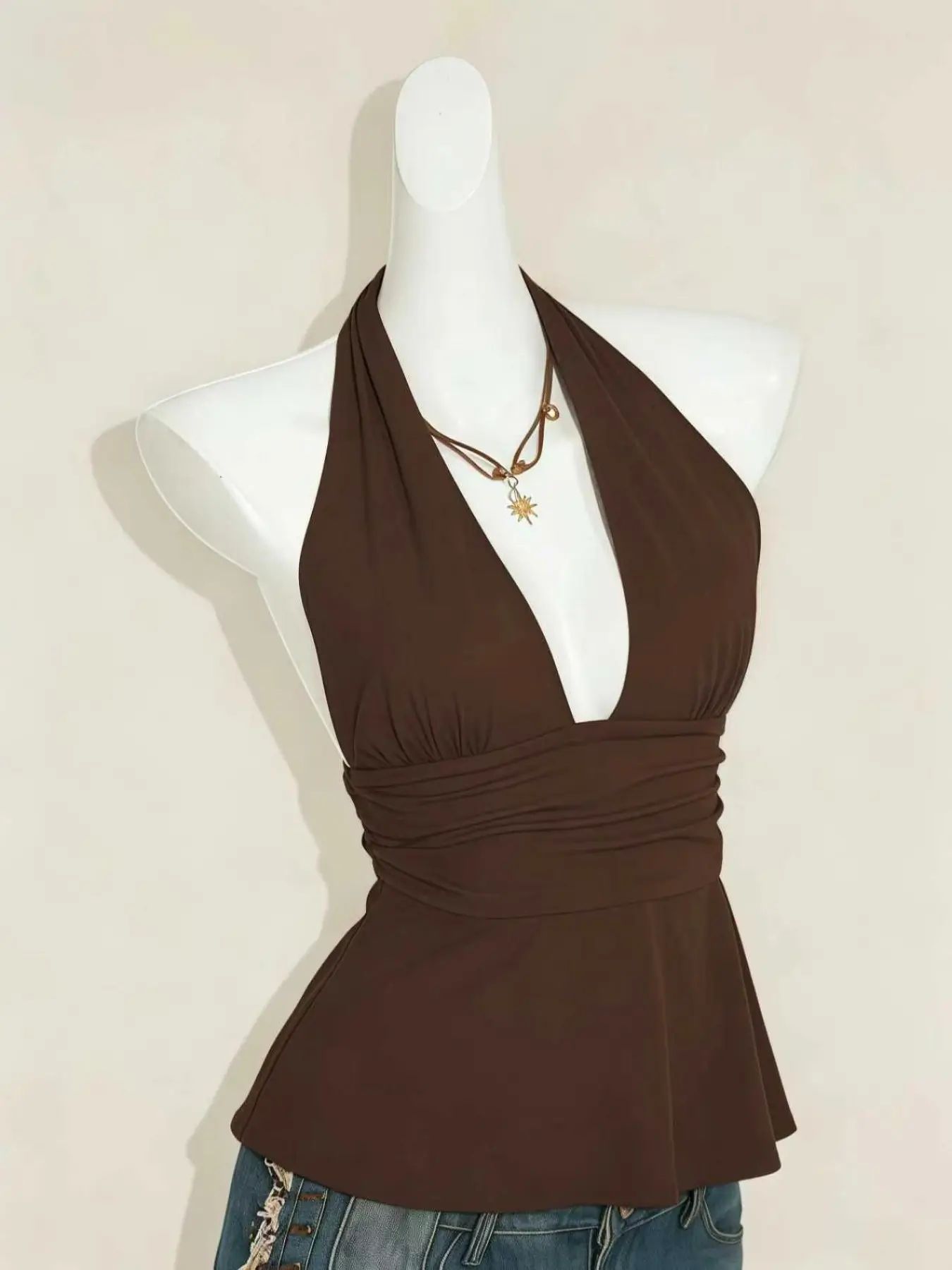 Deep V Solid Color Halter Neck Strap Crop Top, Sexy Backless Design, Summer Fashion Slim Fit, Polka Dot Pattern, Unlined Plain Surface, Aesthetic