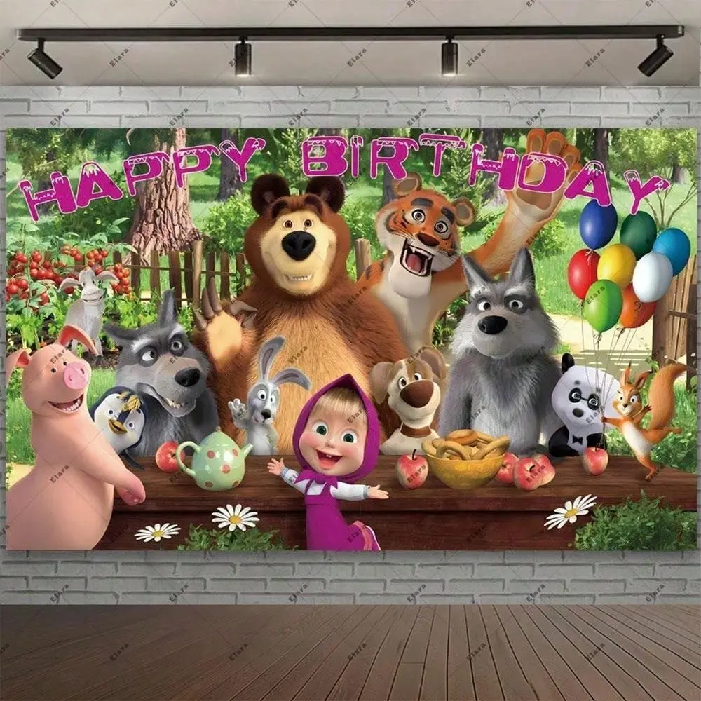 Cartoon Girl-Mashas-And Bear Theme Girl Birthday Party Background Shower Photography Supplies Banner For
