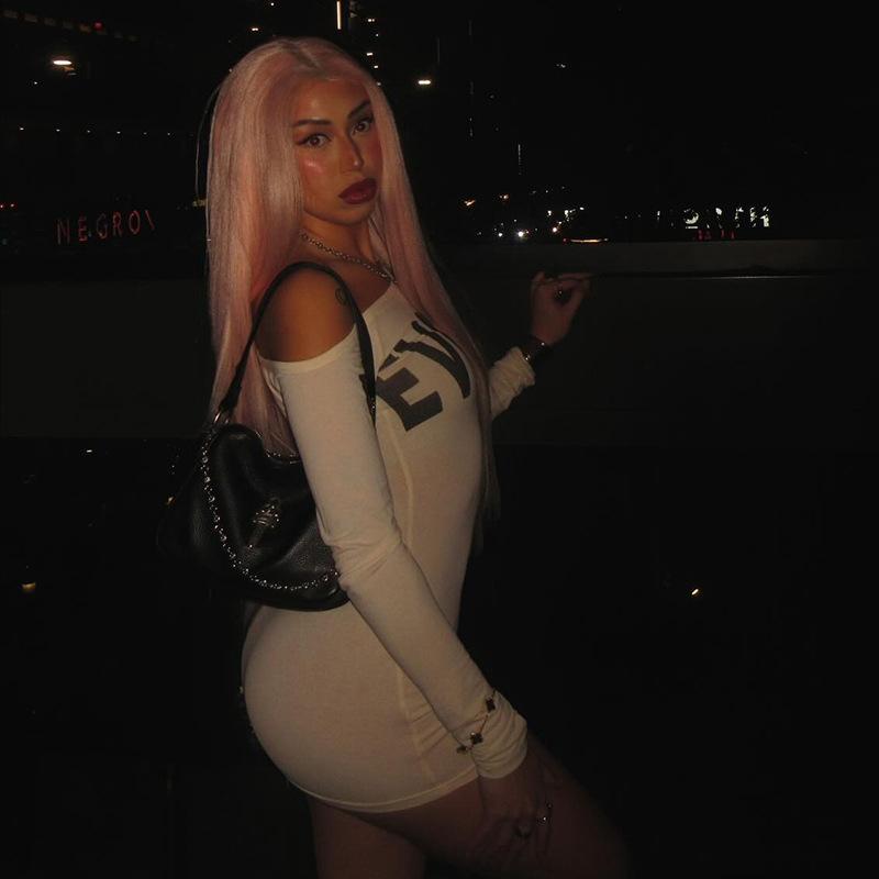 Women's Streetwear One Shoulder Long Sleeve Bodycon Dress - Letter Print Asymmetrical Mini Dress, Y2K Sexy Tight Clubwear track dress
