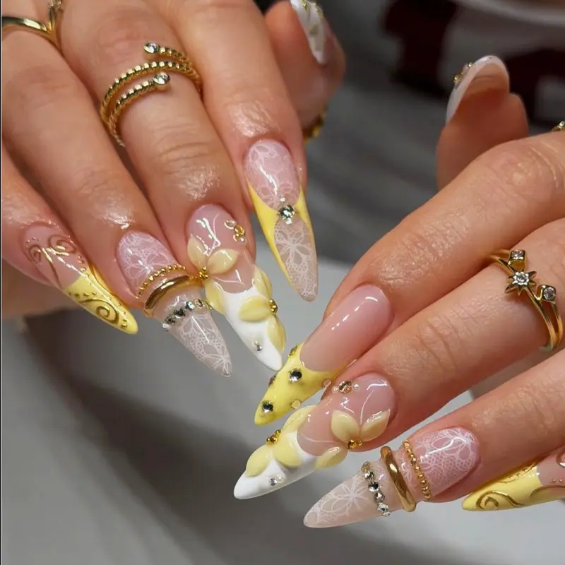 24pcs Colorblock Lace French Nail Wraps, 3D Cream Petal Long Point Almond Nails, Includes Jelly Glue & File, Nail Art Set, Nail Art Kit, Perfect for Parties & Office