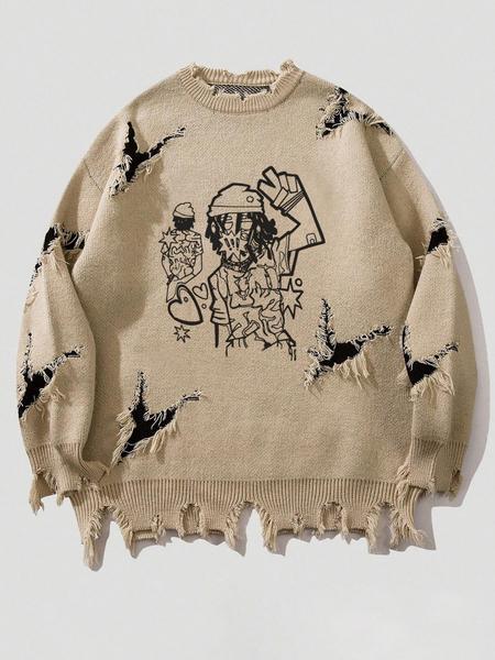 Men's Pattern Sweaters Retro Gothic Long Sleeve Crew neck Pullover knitted Top, Knitwear Tops, Grunge Skull Dollars Design, Aesthetic Gesture Warm Loose Fit Comfortable Jumper,Daily life,Hip-hop, Street wear, Going Out, Halloween Fall Winter Clothes