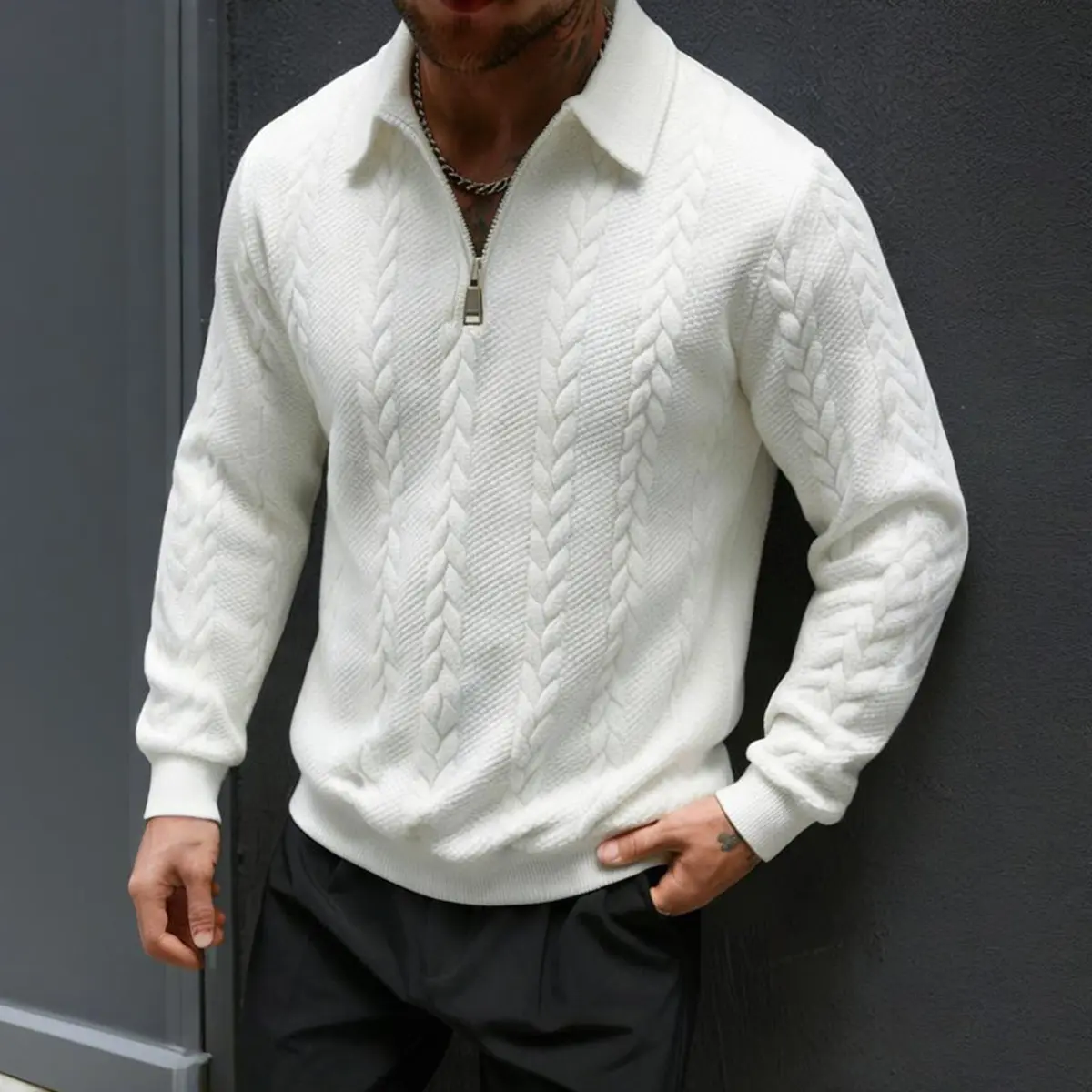 Men's quarter zip collar sweater, wired knit texture pullover, long sleeved ribbed cuffs and hem casual knit top, loose retro fashion sportswear, perfect for daily commuting, dating, parties, elegant and fashionable business casual knit men's clothing