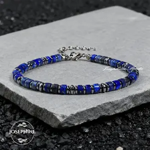Blue Lapis Lazuli & Hematite Men's Bracelet, Best Ideal Gift for Husband Dad, Healing Protection Strength Powerful Adjustable Retro Bracelet