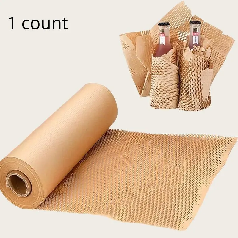1 Roll 393.7 Inch Honeycomb Paper Packaging, Original Color, Recyclable and Biodegradable Buffer Material, Gift Wrapping
