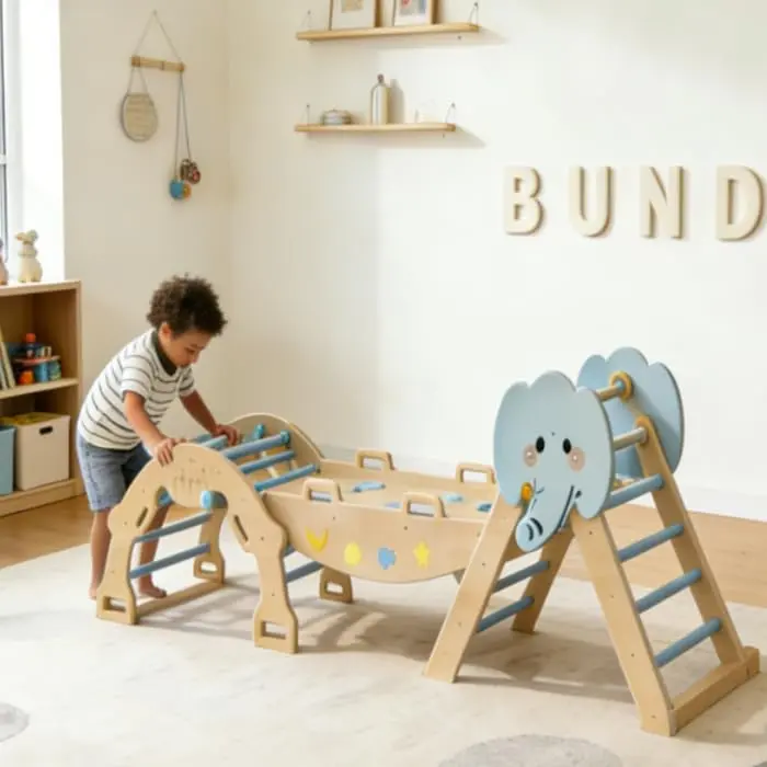 【GARVEE】6-in-1 Wooden Toddler Climbing Set, Collapsible Triangle Jungle Gym & Drawing Board, Multifunction Home/Indoor Playground Equipment for 3-4 Years Kids’ Playroom Climbing, Balancing, Crawling
