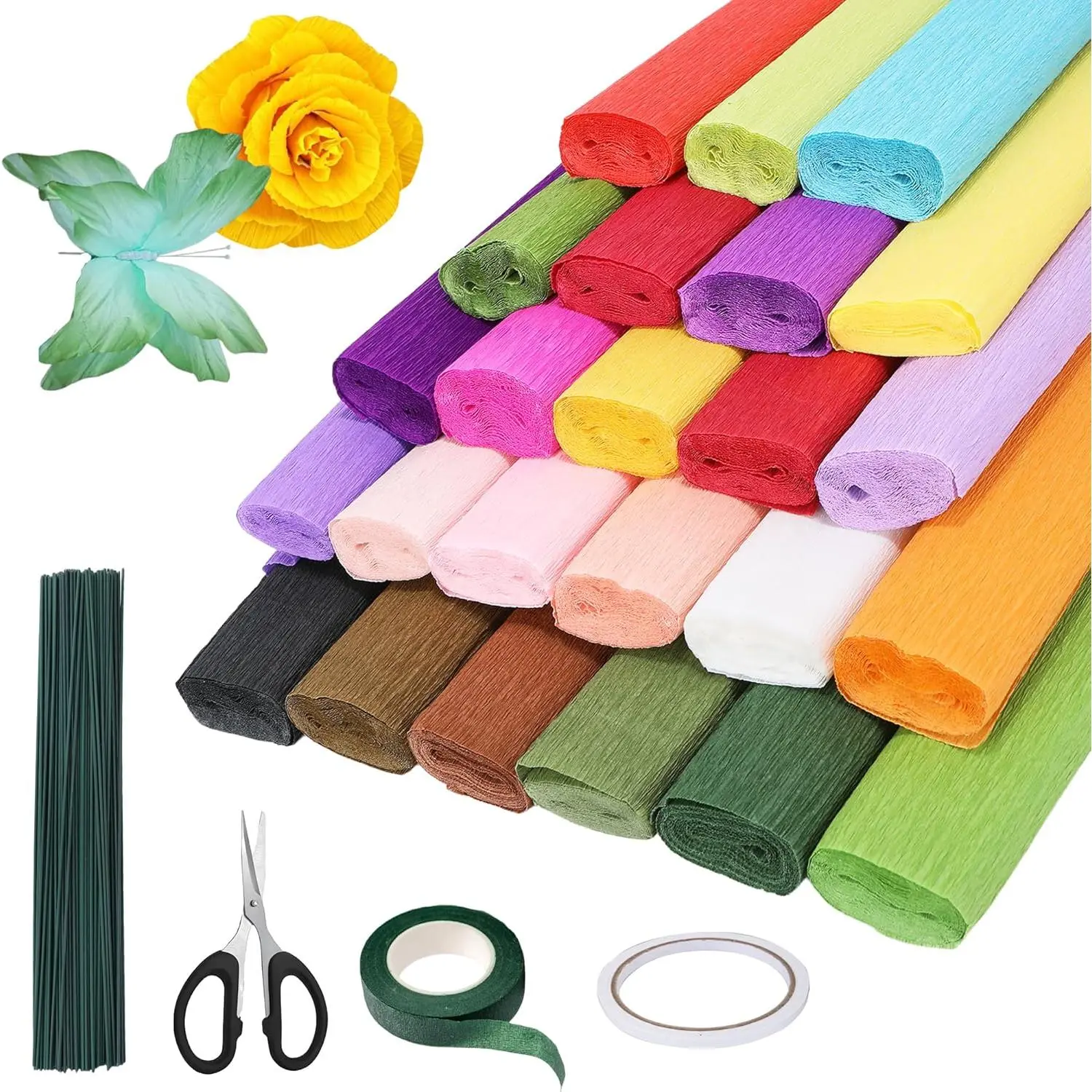 24 Vibrant Colors Crepe Paper Roll (10 x 98 inch) – Floral Supplies Kit with Wreath, Scissors, Double Sided Tape, 100pcs Green Floral Wire for Daily DIY Entertainment, DIY Craft Beginners, Wedding Decor, Easy To Fold, Handmade Flower Crafts, Soft, Paper P