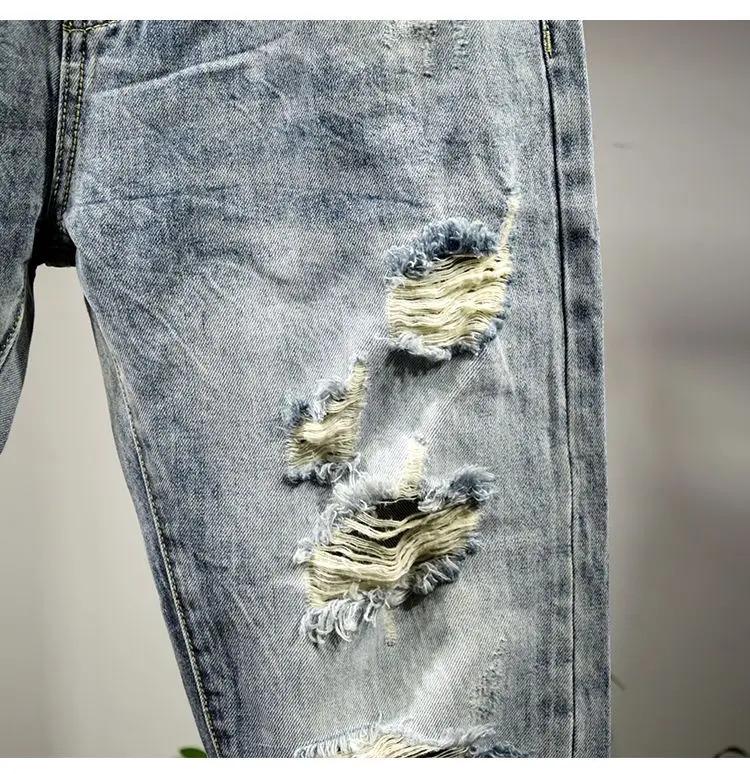 Men's Shaved Trendy Ripped Jeans Ruffian Handsome Summer Slim-fitting Pants Trendy Brand Man Clothes Designer Beggar Pants Men