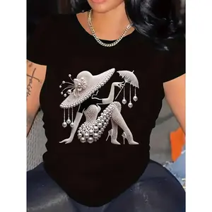 Elegant Pearl Women'S Printed Fashion Casual Basic Fit Short Sleeve T-Shirt, Stretch Fabric Short Sleeve T-Shirt, Spring Summer Round Neck Pullover, Cool Streetwear Women'S Top