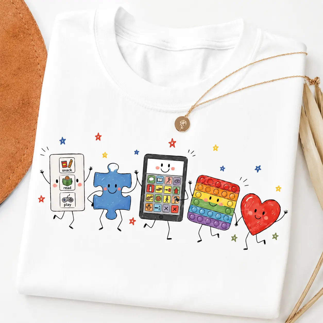 AAC Fidget Puzzle Piece Neurodiversity T‑Shirt, Cute Cartoon SPED Teacher SLP Speech Therapist Graphic Tee, Autism Acceptance Inclusion Shirt For Women