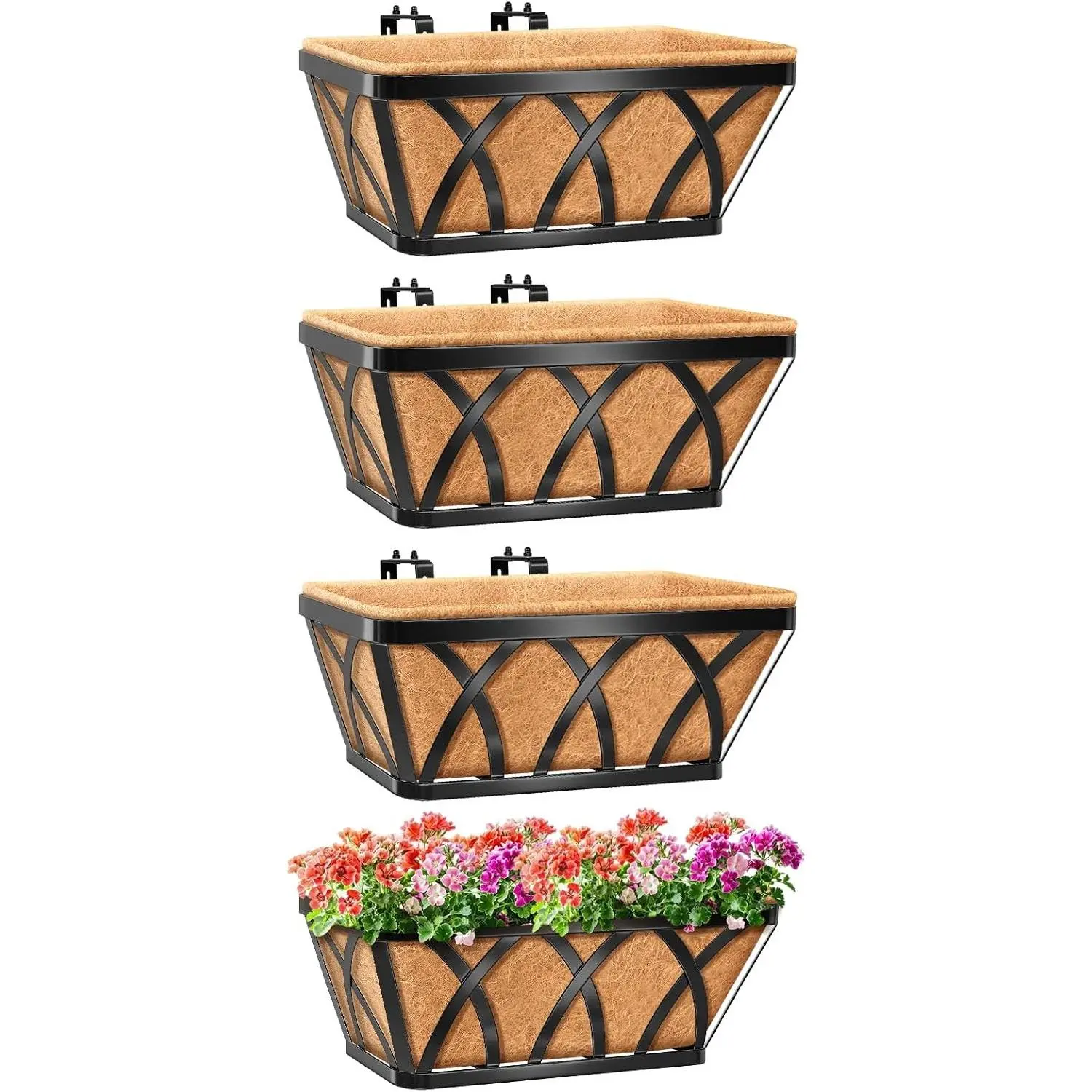4 Pack 16 Inch Metal Railing Planter Window Box with Coco Liner- Adjustable Window Flower Boxes for Railings, Hanging Rail Planters for Deck, Balcony, Porch, Fence, Indoor Outdoor Plants