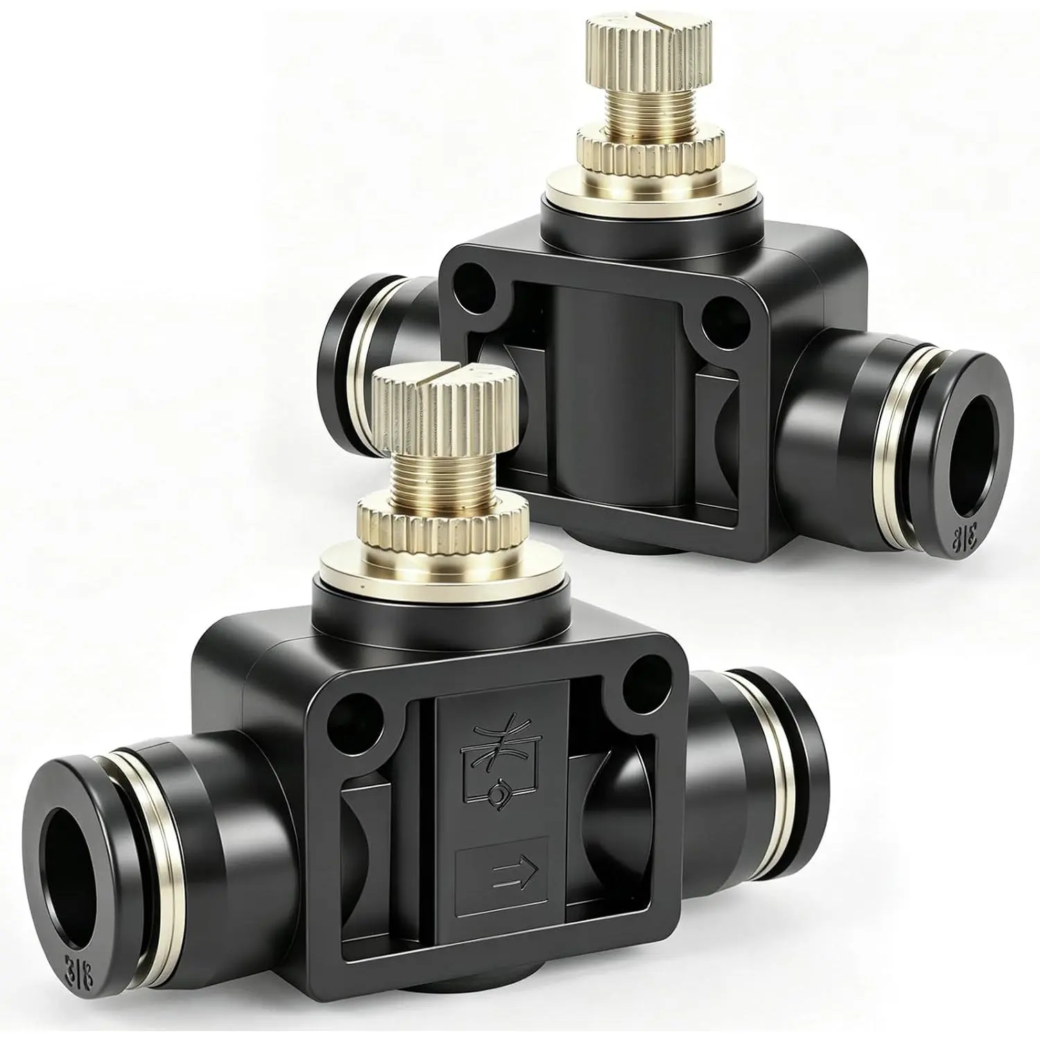 Air Flow Control Valve, 1/4” Push to Connect Inline Flow Controller with Speed Regulator, for 1/4” OD Tubing, Straight Union Fitting (Pack of 2) (1/4"OD 2 count)