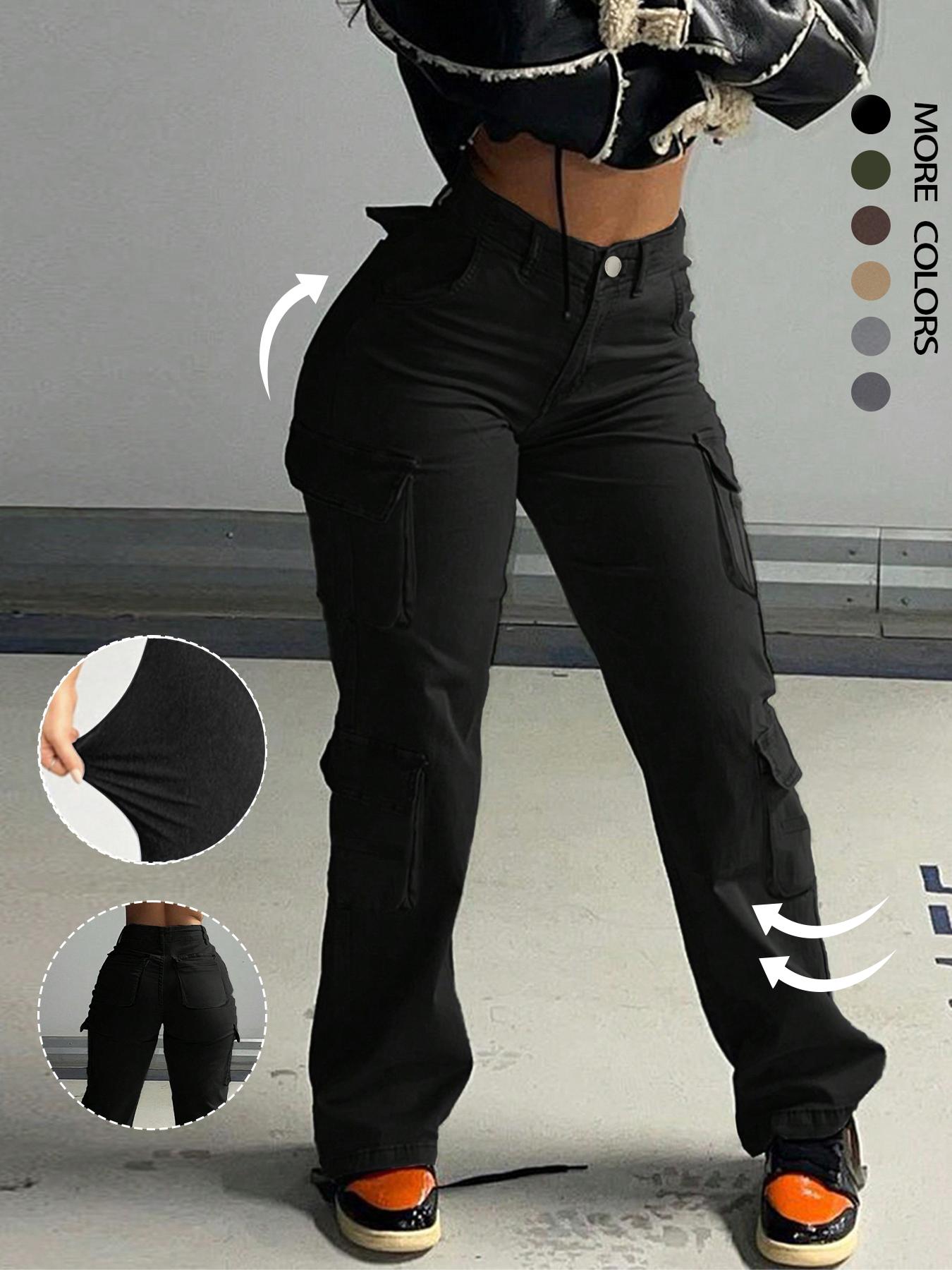 Women's Plain High-Waisted Cargo Pants with Pockets and Drawstring, Fashion Y2K K-Pop Style Streetwear Trousers for Daily Wear, Ladies' Baggy Pants for Fall & Winter